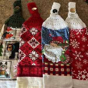 Four handmade crocheted Christmas kitchen towels